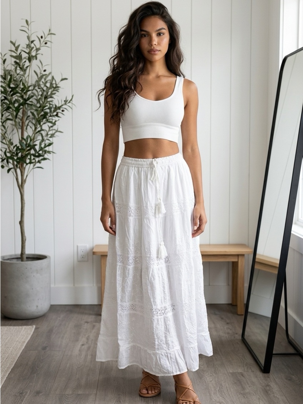 Lightweight White Maxi Skirt with Crochet Panels